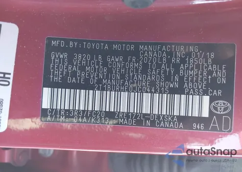 2018 Toyota Corolla Se from USA, damaged, VIN 2T1BURHE0JC044315